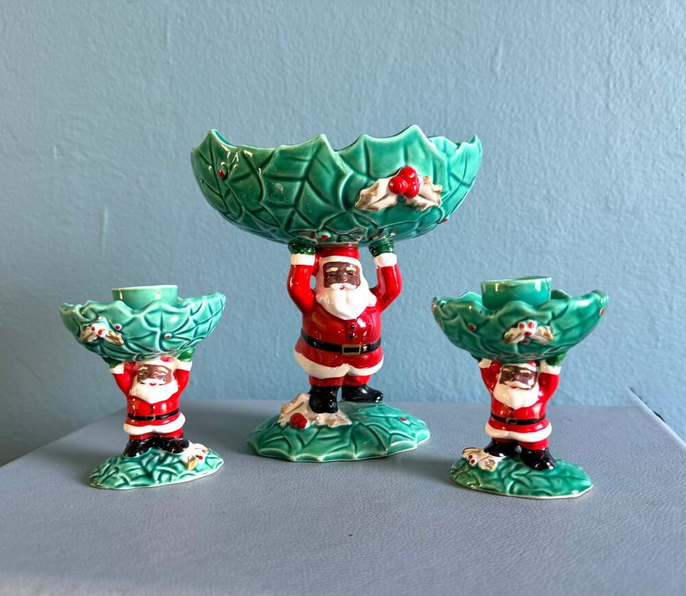Vintage 1962 Napco Black Santa Claus Ceramic Console Set - Rare Mid Century